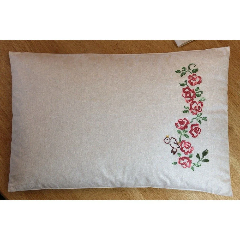 Vintage Cannon Muslin Pillowcases Pair Rose Bird Applique USA Cotton Set 2